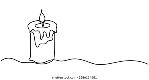 Candle Single Continuous Line Drawing, Candles line art, One Continuous Line Drawing of Candle Icon. Single Line Vector Illustration, Burning candles in background concept. Christmas, All saints day. 