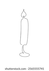 Candle sketch, black and white contour graphic illustration, hand-drawn, isolated on white, vector. Drawing of a single continuous line of a burning candle in a candlestick. An element for decoration