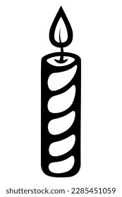 Candle. Sketch. Burning flame of a twisted candle. Decoration for a birthday cake. Vector illustration. Coloring book for children. Doodle style. Outline on isolated background. Idea for web design