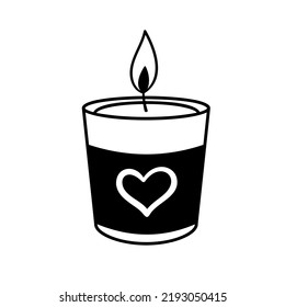 Candle sketch in glass with heart. Vector burning candle doodle isolated on white background