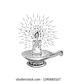 Candle sketch. Hand drawn vector illustration of a burning candle with rays of light.