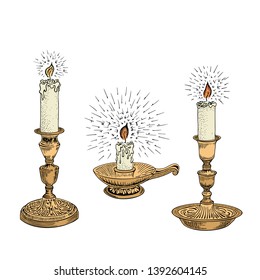 Candle sketch. Hand drawn vector illustration in vintage style. Vintage candlestick engraving in retro style. Vector illustration