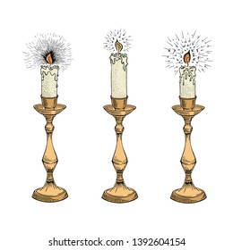 Candle sketch. Hand drawn vector illustration in vintage style. Vintage candlestick engraving in retro style. Vector illustration