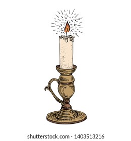 Candle sketch. Hand drawn vector illustration of a burning candle with rays of light.