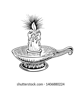 Candle sketch. Hand drawn vector illustration of a burning candle with rays of light.