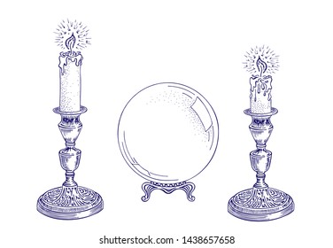 Candle sketch and magic ball. Burning candles in an old candlestick. Hand drawn vector illustration