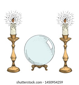 Candle sketch and magic ball. Burning candles in an old candlestick. Hand drawn vector illustration