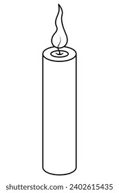Candle. Sketch. Vector illustration. Outline on isolated background. Doodle style. Coloring book for children. Magic attribute. Hot wax drips. Hot flame. Festive print. Idea for web design.