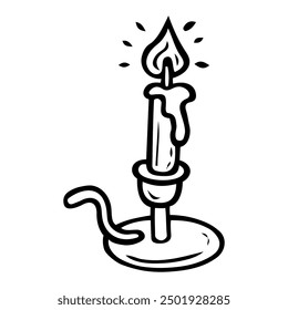 Candle with slam in retro candlestick hand drawn doodle. Night lighting. Time to sleep. Vector outline line art illustration.