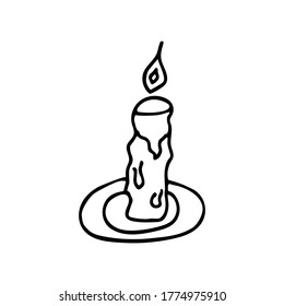 Candle in a small candlestick burns, black and white vector illustration in doodle style. Drops of wax froze on the sides. Hand drawn single element