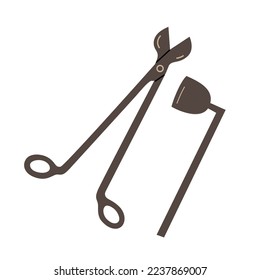 Candle sniffer and wick cutter, trim hook, wick dipper. Steel tools, accessories for putting out, extinguishing a perfumed candle, home aromatherapy, isolated flat vector illustrations on white