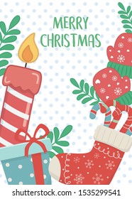 candle socks gift and gloves foliage decoration merry christmas card vector illustration