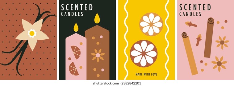 Candle and spices collection. Decorative abstract flat vector illustration with scented candles. Citrus. Orange slices. Vanilla. Cinnamon. Hygge time. Perfect background for poster, spa salon, cover.