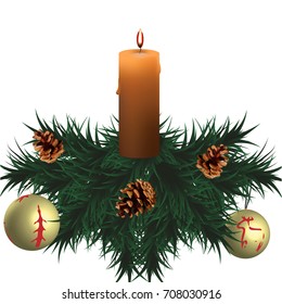 A candle, spruce branches, pine cones.