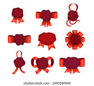 Candle stamp with red ribbons set. Wax seal, tag, medal. Award concept. Vector illustrations can be used for topics like warranty, certificate, quality