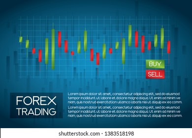 Candle stick chart with buy and sell icons and text for description at the bottom. Blue tone background with faded candlestick charts overlay. Forex trading design concept.