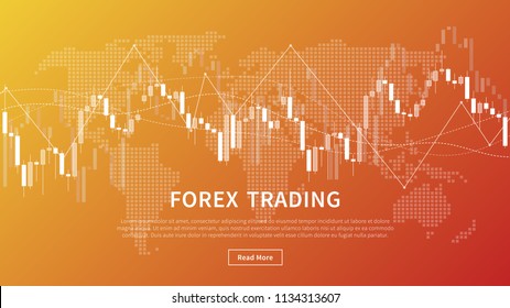 Candle stick chart of financial market trade vector banner. Forex trading graph with world map for fintech project graphic design.