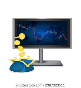 Candle stick graph chart in display and wallet with falling money. Concept of trading cryptocurrency, profit or investing in stocks. Analyzing stock market. Stock vector illustration