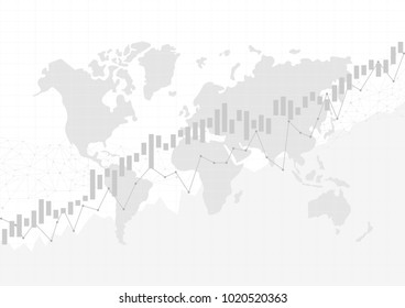Candle stick graph chart in financial market with world map, Forex trading graphic concept, vector