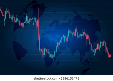 Gráfica de barras de velas. Diagrama de las operaciones de inversión en el mercado de valores sobre fondo azul. Tendencias económicas en el mapa mundial. Datos financieros. Concepto de criptodivisa de negociación. Ilustración vectorial de acciones