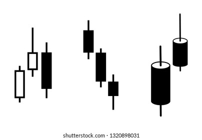 Candle stick graph trading chart icons set, japanese candles, vector illustration, black silhouette isolated on white background.