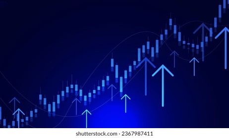 Candle stick stock market graph and up arrow for business, financial investment interest rating increasing concept background. Vector illustration.