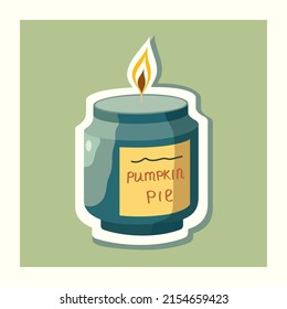 Candle sticker. Pumpkin Spice Jar Fall Candles. Calm and cozy atmosphere. Handwritten lettering "pumpkin pie".