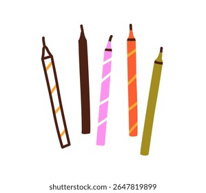 Candle sticks, festive decoration. Tall long thin wax decor, decorative birthday party light accessories for holiday celebration, doodle style. Flat vector illustration isolated on white background