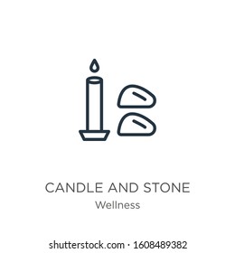 Candle and stone icon. Thin linear candle and stone outline icon isolated on white background from wellness collection. Line vector sign, symbol for web and mobile