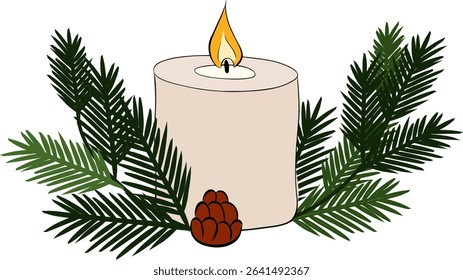 Candle surrounded by evergreen branches and red berries for festive decoration composition isolated. Vector graphic line ink illustration. Design for package, cosmetic, textile, cards.
