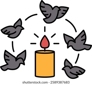 A candle is surrounded by five birds