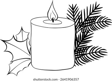 Candle surrounded by pine branches black and white for festive decoration composition isolated. Vector graphic line ink illustration. Design for package, cosmetic, textile, cards.

