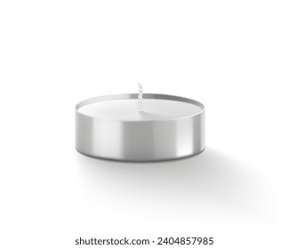 Velas. El Té Ilumina Velas. Mini velas de estilo tealight para decorar el hogar. Parafina perenne y de larga duración o cera de abejas blanca. Fondo blanco aislado. Ilustración vectorial 3d realista.