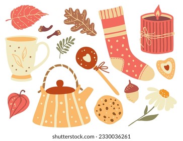 Candle, tea pot, sweets and fall forest plants. Autumn mood clipart