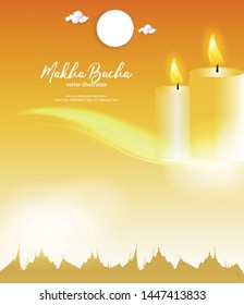 Candle and temple on yellow background - Buddha’s Day Buddhist Lent - Magha Asanha Visakha Puja Day