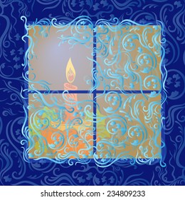 Candle that shines visible through the evening frozen window, hand drawing vector illustration