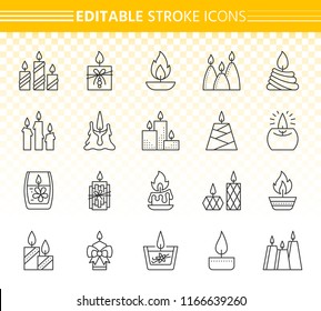 Candle thin line icon set. Outline sign kit of christmas light. Flame linear icons includes church decoration, wick glow, beauty spa. Editable stroke without fill. Candle simple contour vector symbol