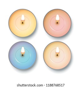 Candle top view. Vector set of realistic burning candles isolated on white background.