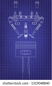 Candle, valve and piston on a blue background. Engine