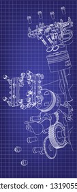 Candle, valve and piston on a blue background. Engine