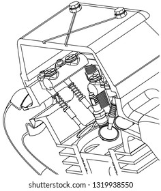 Candle, valve and piston on a white background. Engine