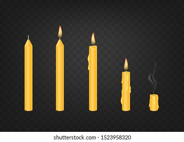 Candle in various conditions. Vector illustration on a transparent background.