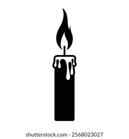 Candle vector icon. Candle flame with wax drips symbol for light, relaxation, and spiritual design. Black silhouette isolated on white background.