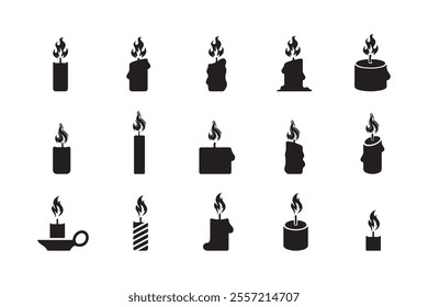 Candle vector icon set. Flat icons of burning candles in various styles.