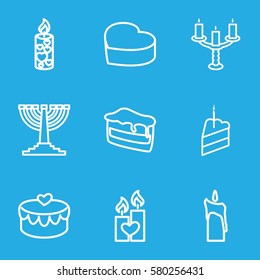 candle vector icons. Set of 9 candle outline icons such as piece of cake, heart cake, candle, heart lock