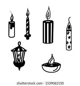 Candle vector illustration. Collection of black symbols on an isolated background in a flat style. Doodle, art line. Holiday decoration for the New Year card, poster, package. EPS10
