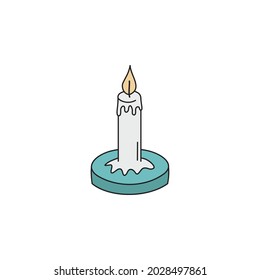 Candle vector illustration. Hand drawn old, classic white long candle on a blue plate. Magical witchy ritual burning candle. Isolated.