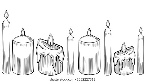 Candle vector seamless border. Illustration of pattern for party greeting card or invitation. Linear frame for celebration with lighting and glowing home decor. Mystery candlelight for banner.