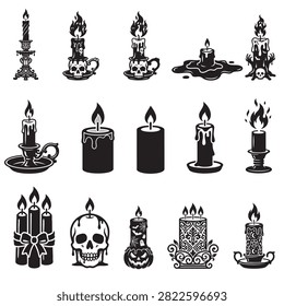 Candle Vector Silhouette Set featuring Skull Candleholders, Melting Wax, and Gothic Ornaments