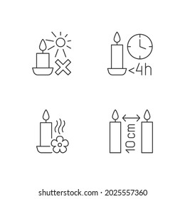 Juego de iconos de etiquetas manuales lineales de la etiqueta de advertencia de velas. Evite la luz solar directa. Símbolos de contorno de línea delgada personalizables. Ilustraciones aisladas de esquema vectorial para instrucciones de uso del producto. Trazo editable